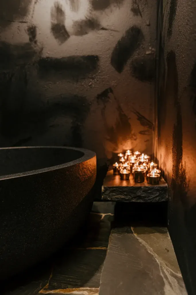 dark moody bathroom black tub candlelight