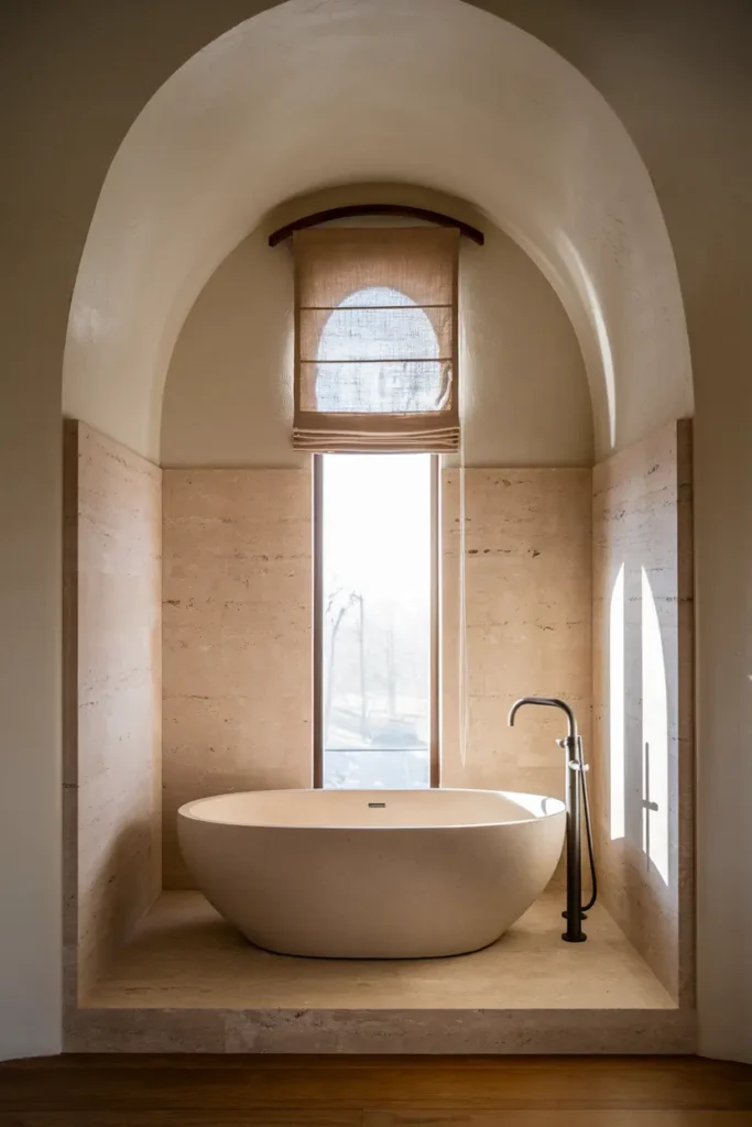 freestanding tub travertine alcove morning light