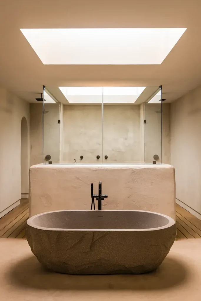 layered open plan bathroom freestanding tub shower