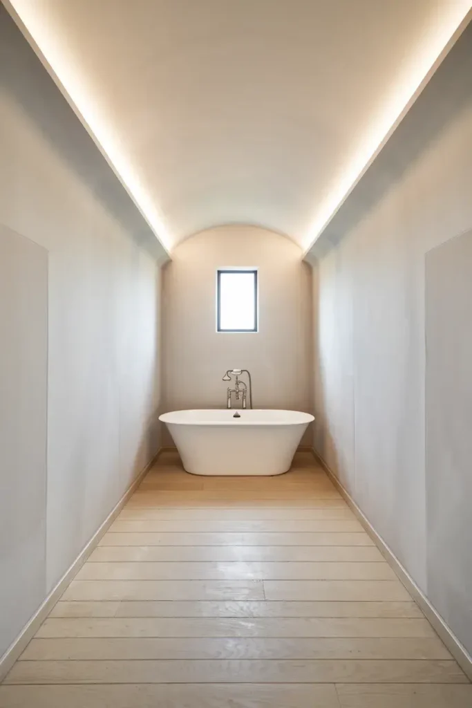 minimalist white bathroom single tub negative space