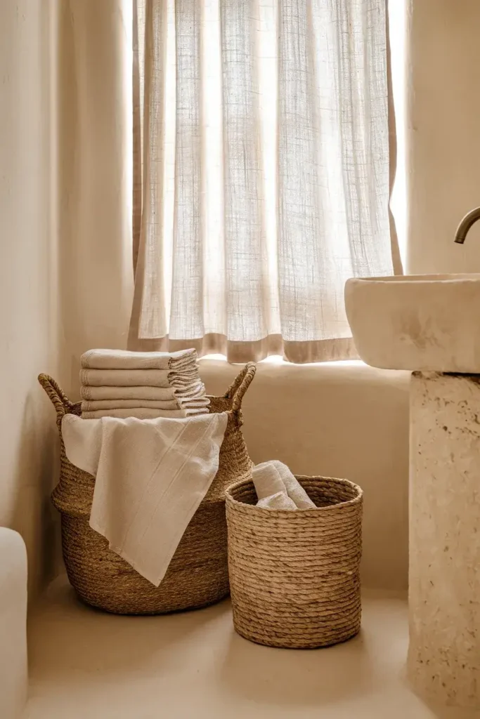 neutral bathroom linen textures woven storage