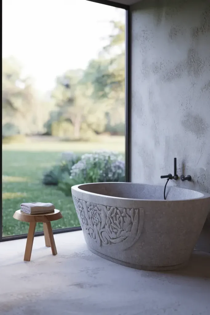 outdoor adjacent stone tub garden view window