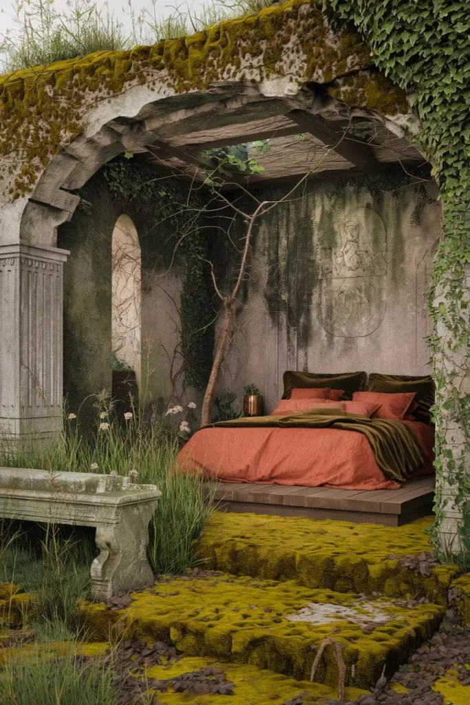 overgrown ruin moss stone bedroom