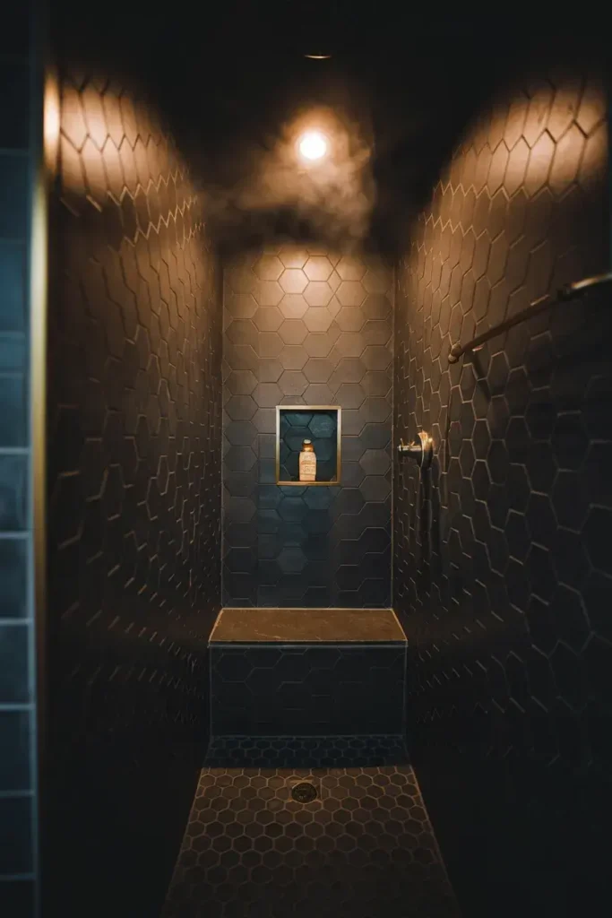 small steam shower charcoal hexagon tile nook