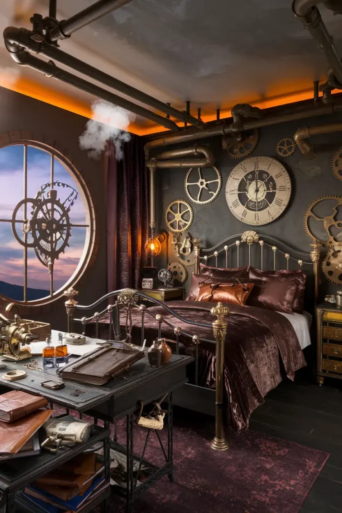 steampunk clockwork astronomer bedroom