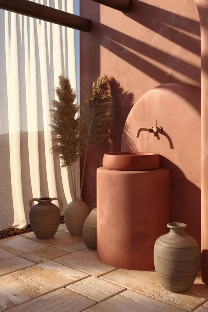 terracotta bathroom curved vanity clay vessels