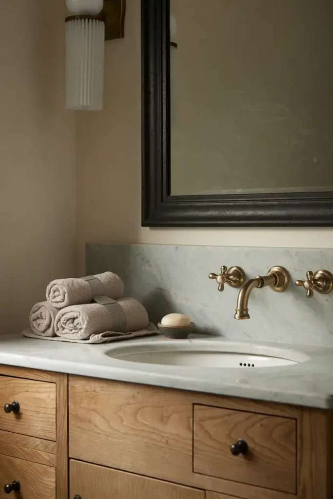 transitional bathroom mixed metal fixtures