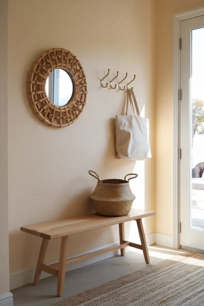 transitional entryway bench woven basket