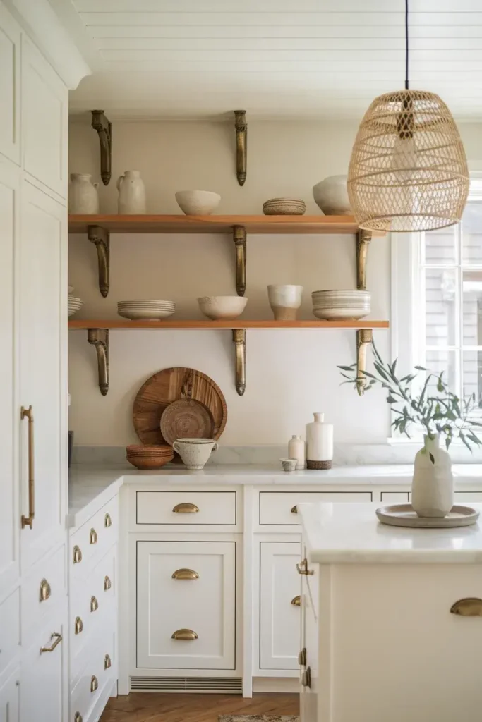 transitional kitchen warm wood brass accents