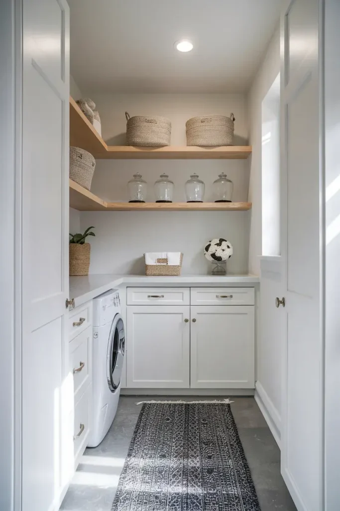transitional laundry room open shelving