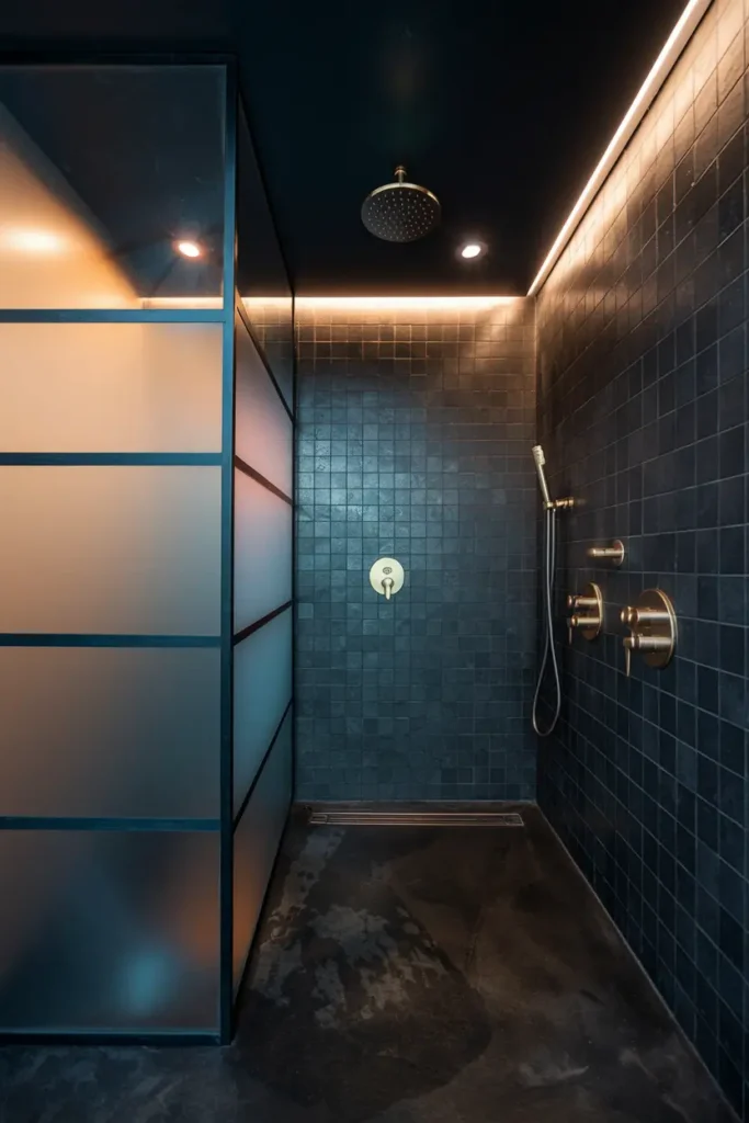 wet room charcoal tile fogged glass shower
