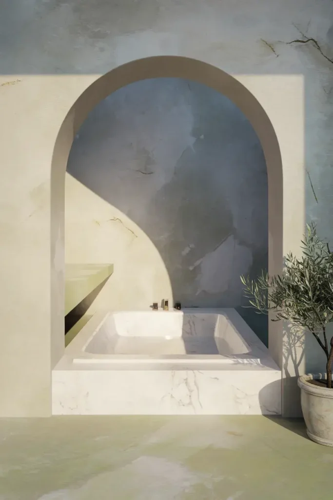 white marble bathroom sunken tub arched doorway