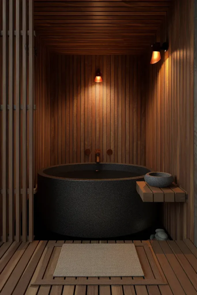 wood paneled bathroom deep soaking tub amber light